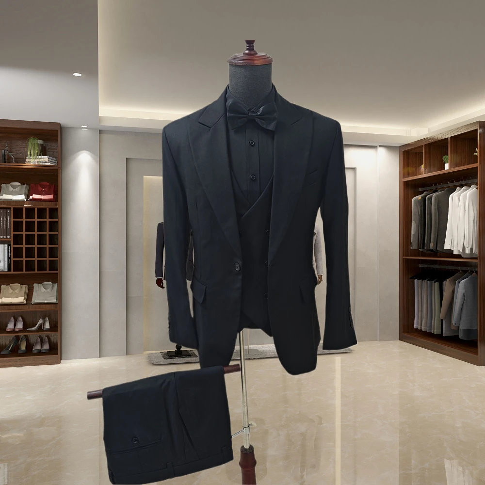 

High Quality Black Men's Suits 3 Piece Jacket Pants Vest Outfits Elegant Solid Color One-Button Slim Fit Male Clothing Costume
