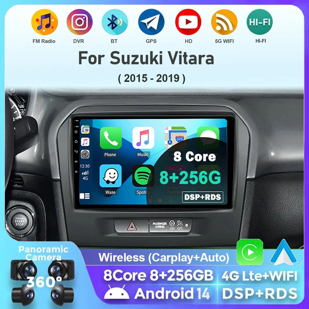 

Android 14 Carplay Car Radio For Suzuki Vitara 2015 - 2019 Navigation GPS Multimedia Player stereo wifi+4G Auto DSP BT 360Camera