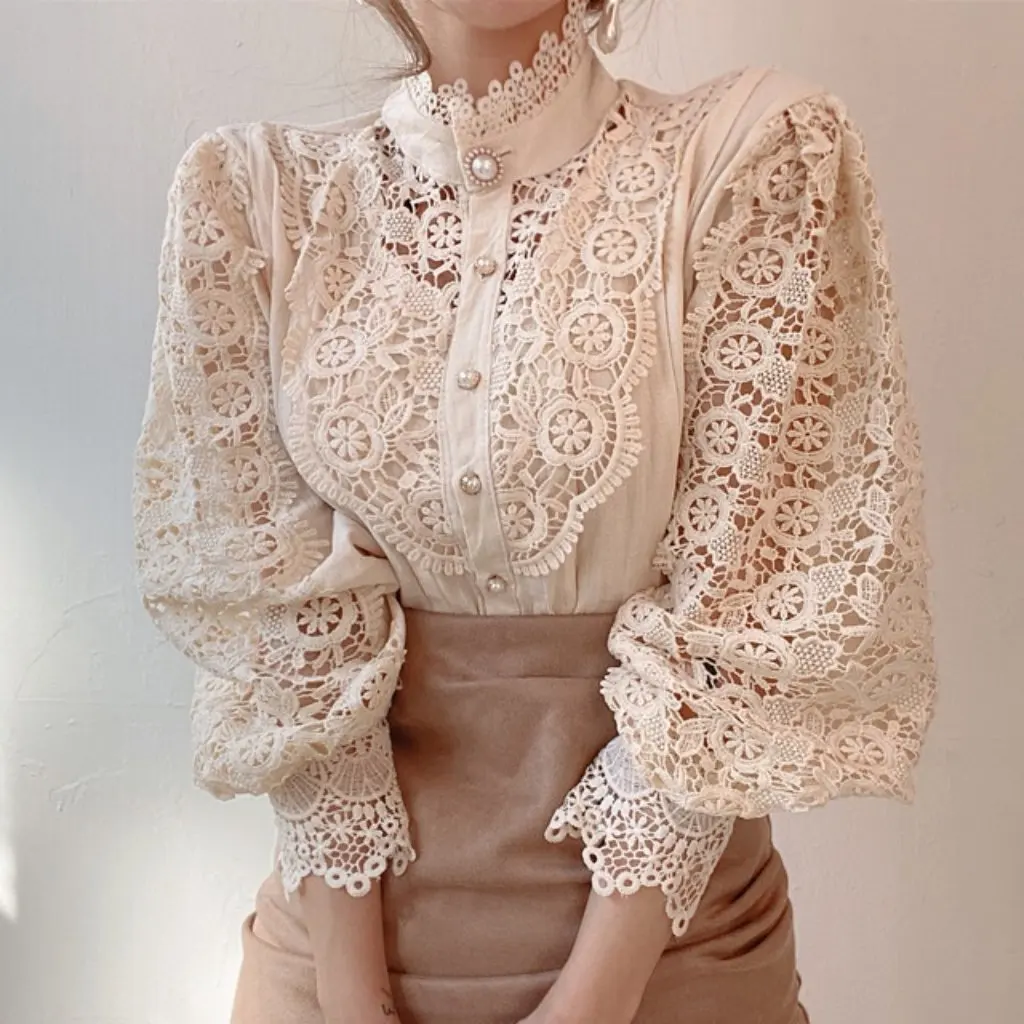 

Retro Palace Style Women's Long-Sleeved Shirt Cut out Lace Flower Stand Collar Top Spring Summer New Clothing