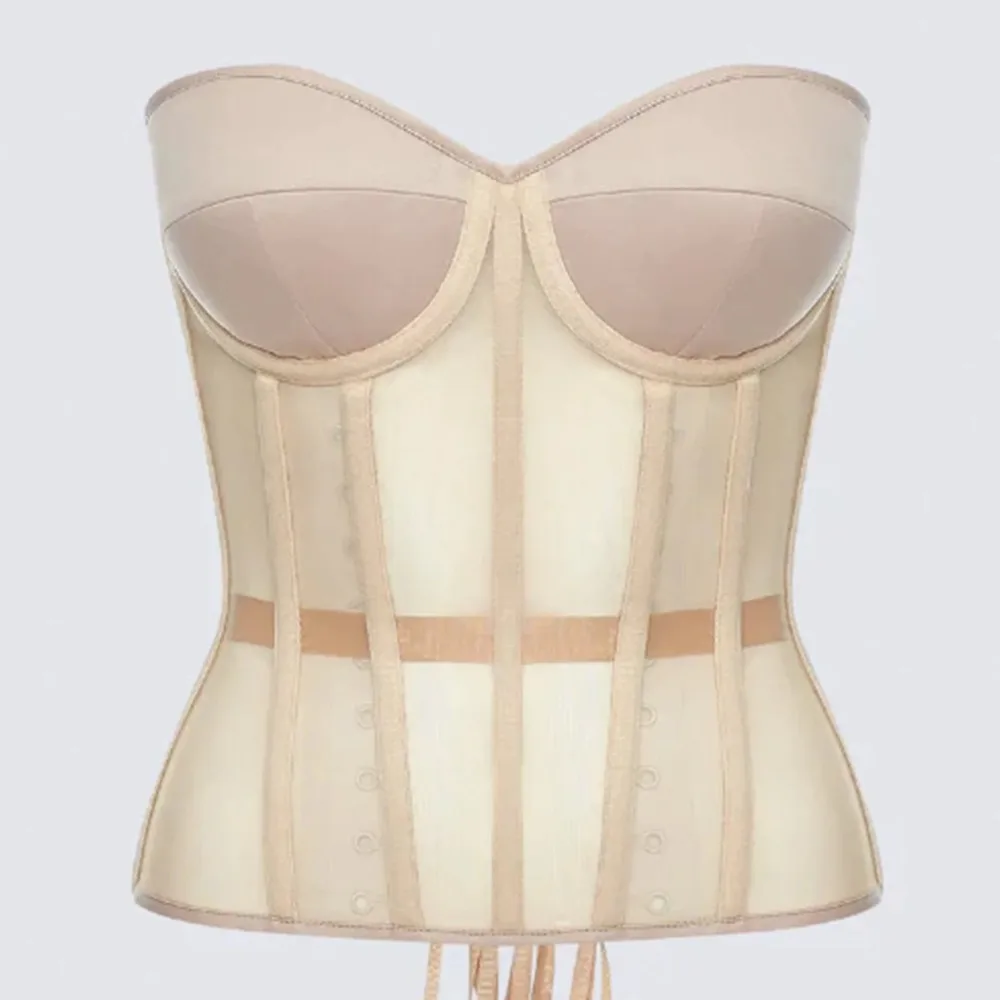 

Women Corset Bustier Tops Sexy Bra Transparent Mesh Lace Up Steel Bone Strapless Bodice Waist Trainer Cincher Girdles