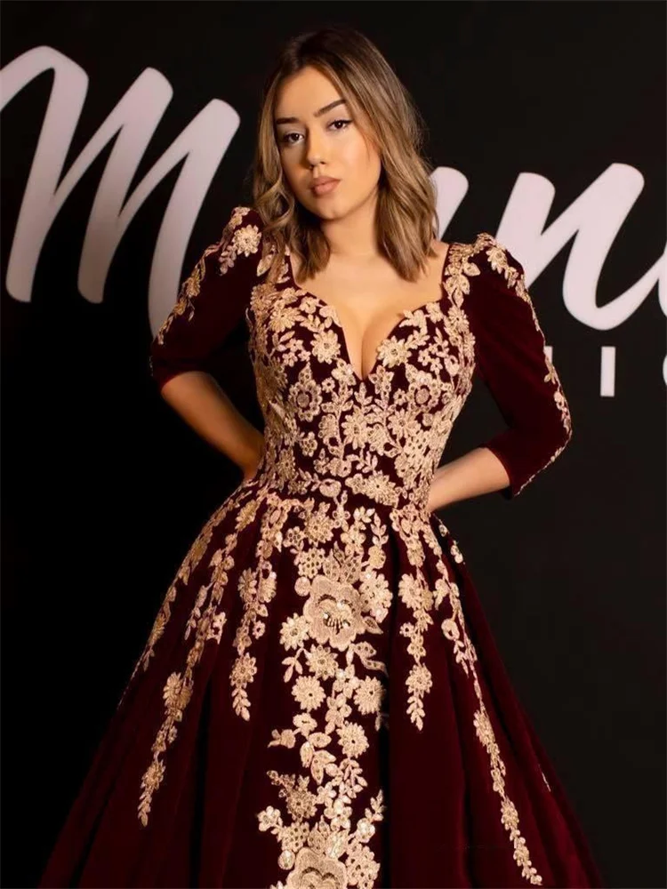 

Kaftan Burgundy Gold Applique Prom Dresses 2022 Half Sleeve Arabic Dubai Vestidos De Gala Luxury Lace Evening Robe Soirée Femme