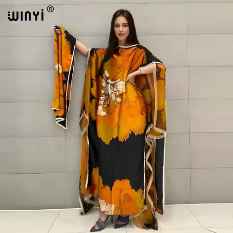 WINYI summer Double-layer printed evening dress Women Print Female kaftan abaya dubai luxury maxi long down dress with belt
