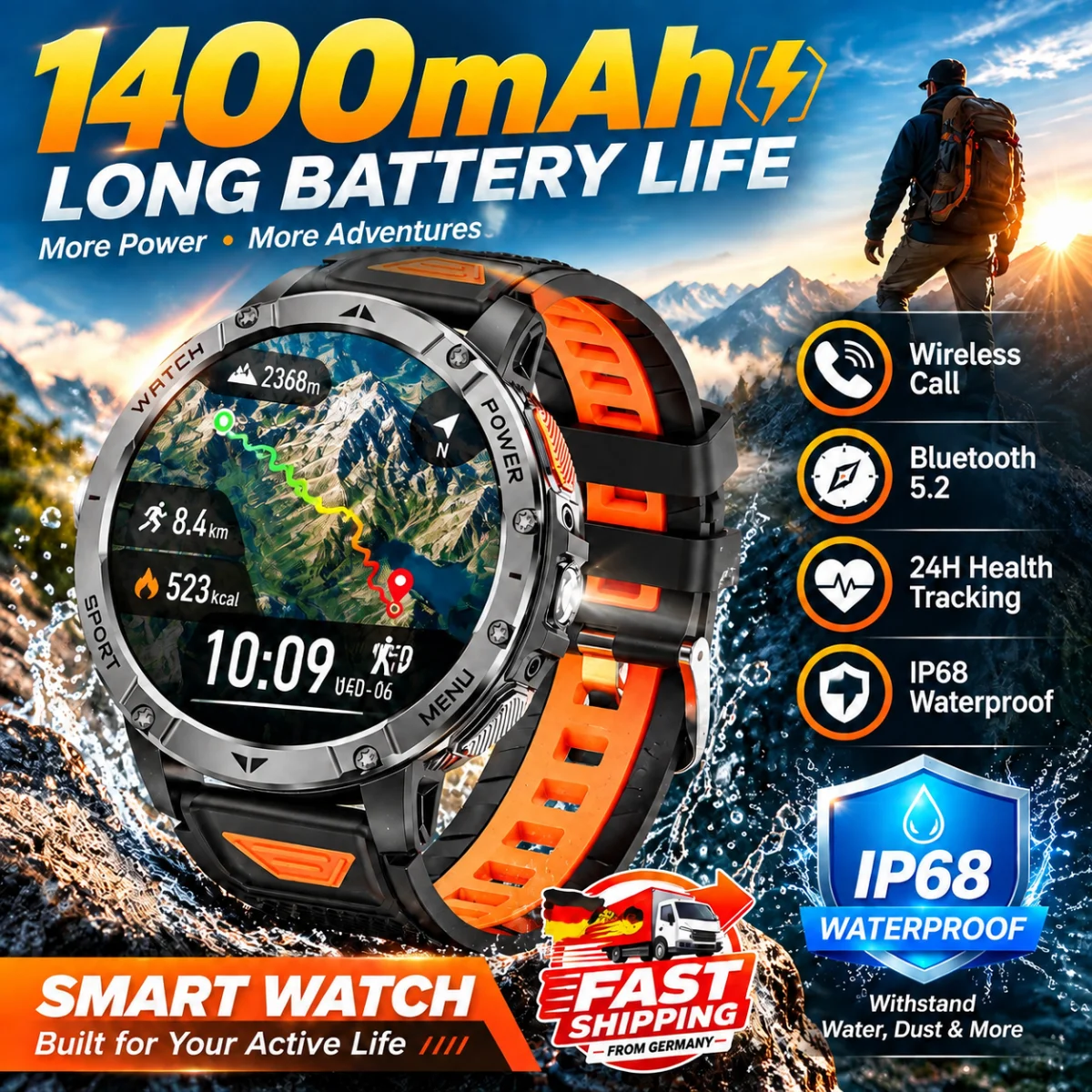 Orologio Intelligente Robusto Uomo Batteria 1400mAh, Chiamate Bluetooth 5.2, Schermo HD 1,7", Impermeabile IP68, Monitor Frequenza Cardiaca SpO2, 100+ Modalità Sportive