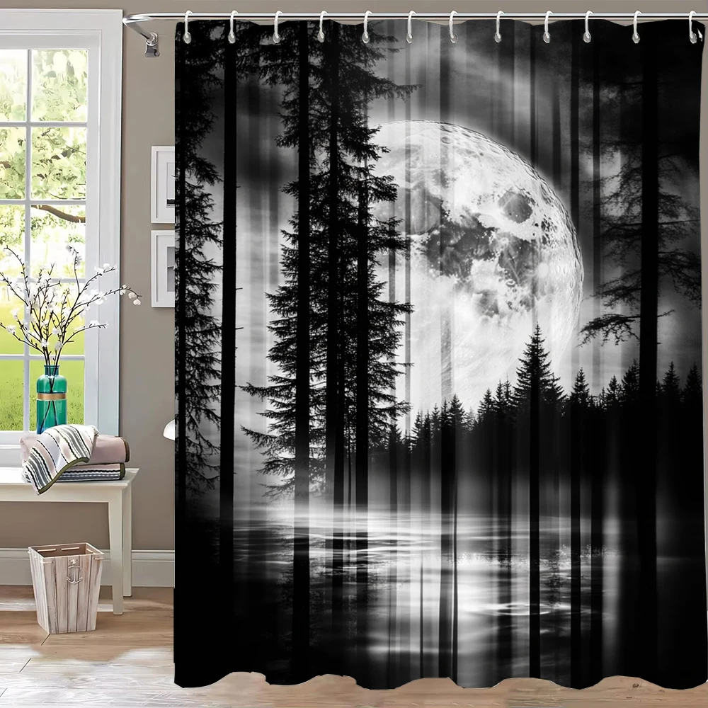 

Mysterious Night Misty Forest Shower Curtain, Scenery Bathroom Curtain,Printed Polyester Home Decorative Curtain with Hooks