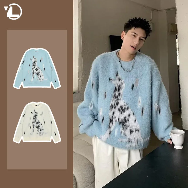 

Spring Casual Mens Sweater Retro Dog Pattern Fashion Couple Knitwear Tops Round Neck Color Block Loose Unisex Pullover Y2k