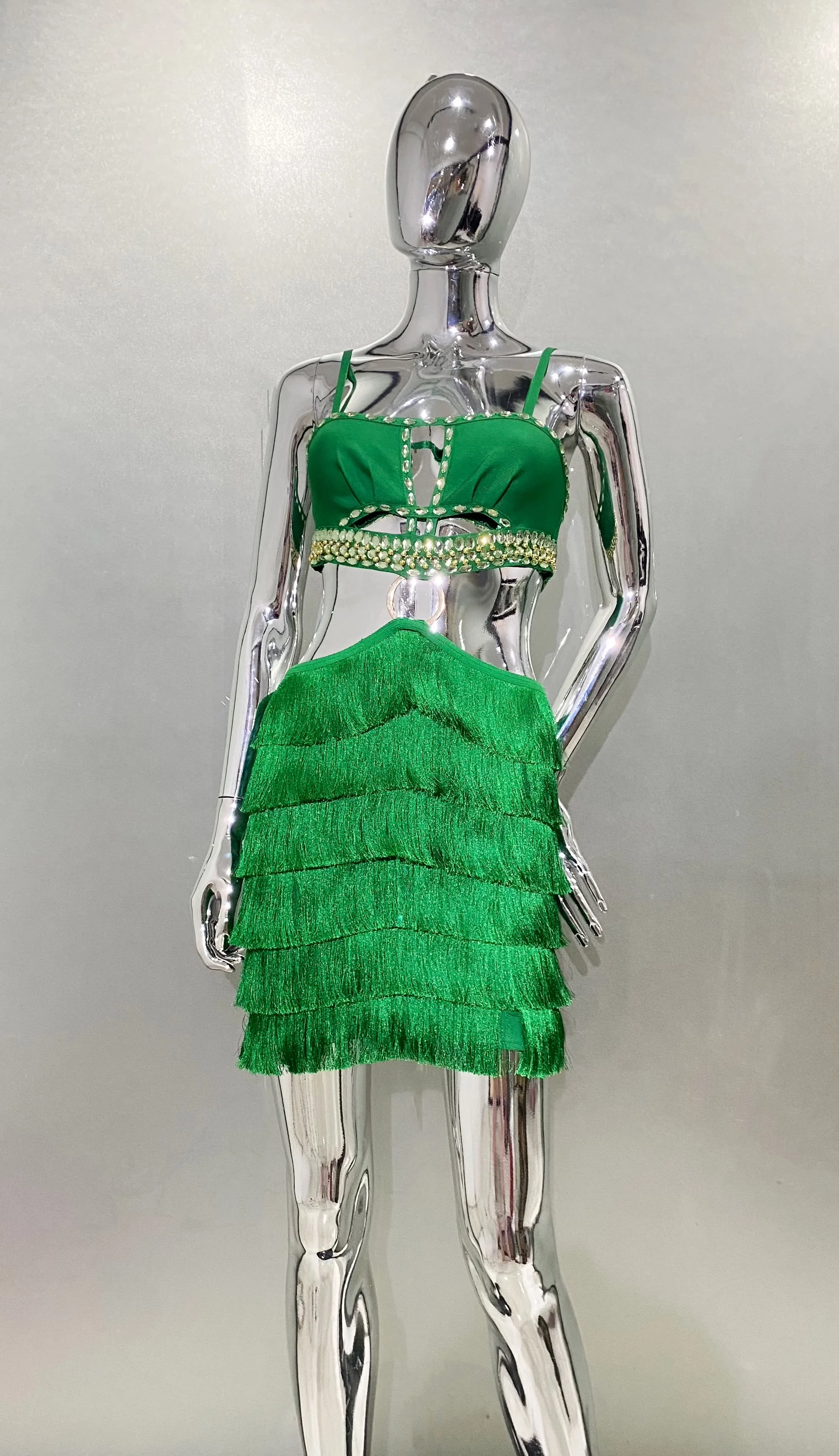 2024NEW Summer Green Split Mini Dress Sexy Fashion Women Pleated Fringe A-line Dress Before The Party