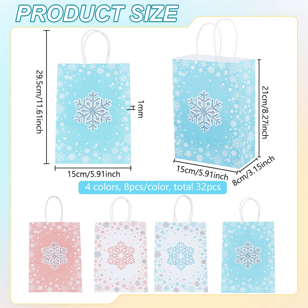 32 Pcs Snowflake Party Favors Bags 4 Colors Winter Bags with Handles Snowflake Pattern Gift Bags for Princess Holiday Birthday