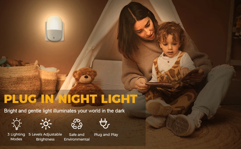 Wall Mount Night Light, with 5 Levels of Brightness and Dusk to Dawn Light Sensor, Children's Night Light for Children's Rooms,