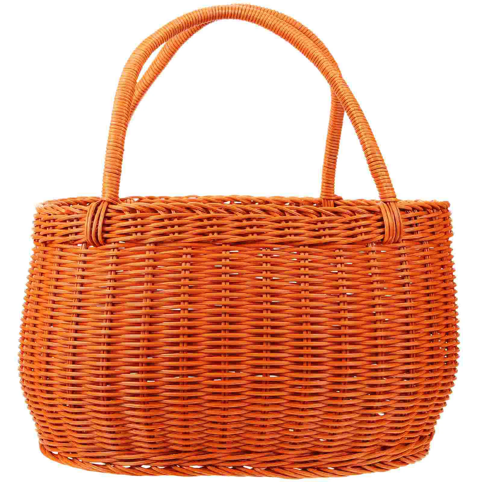 Large Capacity Japanese Style Oval Shopping Basket Brown Woven Texture Comfortable Handle Picnic Vegetable Storage