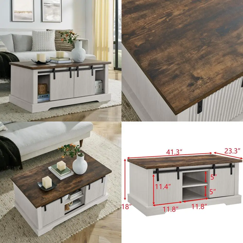 

Журнальный столик в деревенском стиле с раздвижной дверью сарая и отделением для хранения вещей