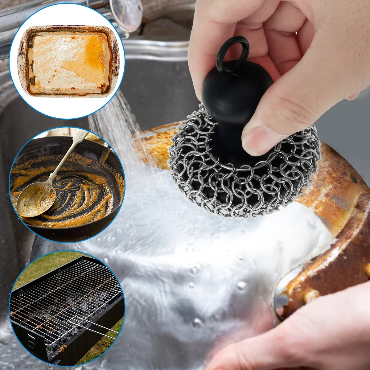 Cast Iron Scrubber with Silicone Handle Stainless Steel Chainmail Scrubber Scraper Anti-Rust Cast Iron Scrubber for Kitchens