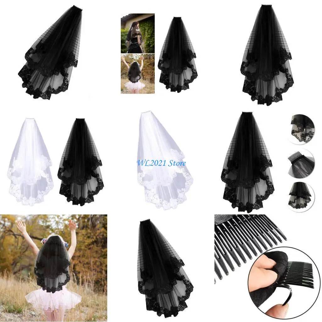 

G5GC Delicate Bride Floral Lace Trim Veil Girl Tulle with Fix Comb Wedding Tiaras