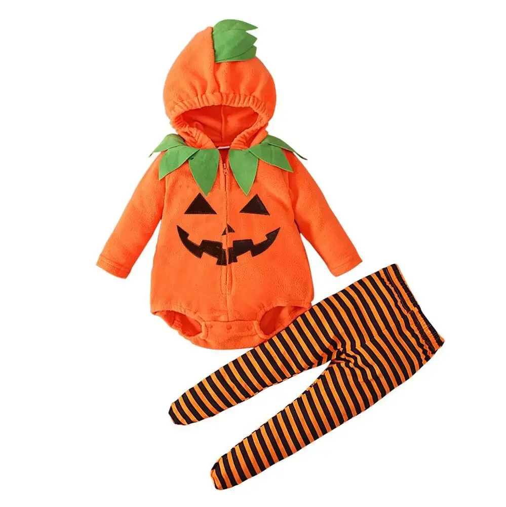 Halloween-Partykostüm für Babys: Kürbis-Kapuzen-Strampler mit gestreifter Hose, Kinder-Cosplay-Verkleidungsset – Detail 5
