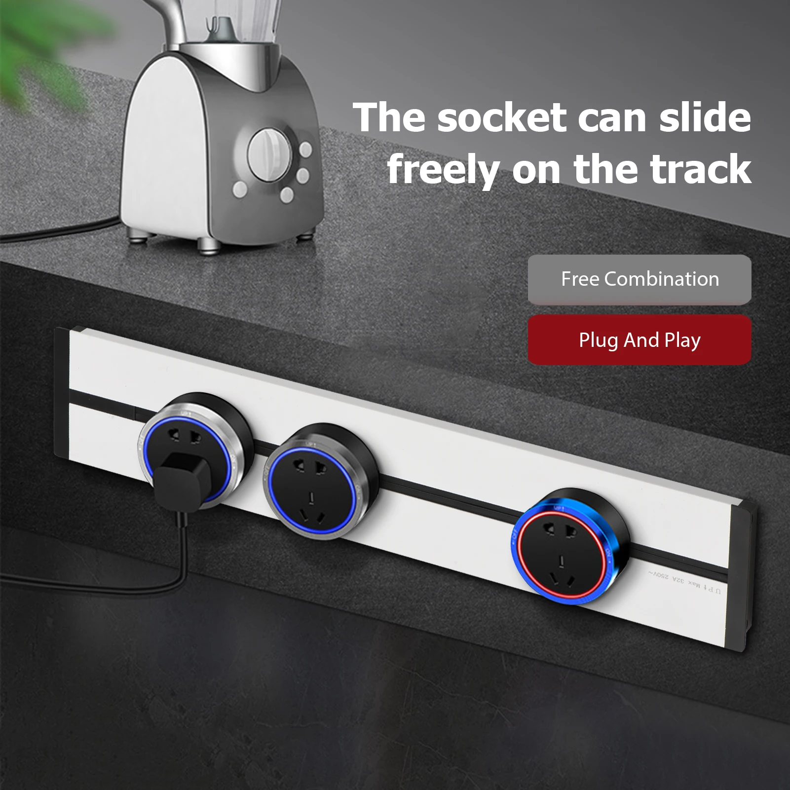 

Removable Electrical Outlet Track System 8000W High Power Track System Movable Wall Outlet Extender Wire-free Power Strip Slidin