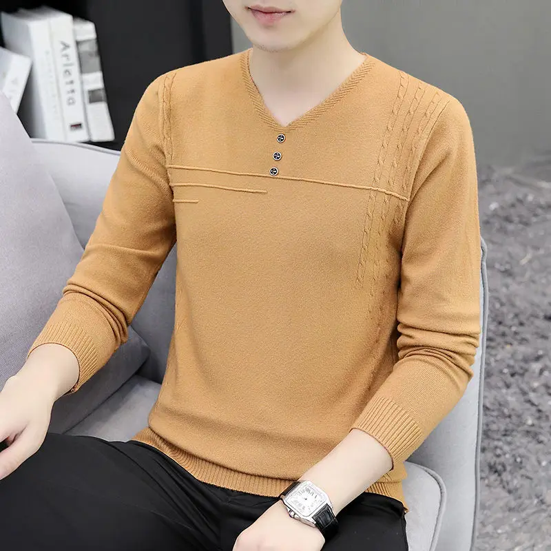 Men's Cotton Knitted Sweater Bottoming Shirt 2024 New Mens V Neck Brand Fashion Casual  Vintage Flame  Z75