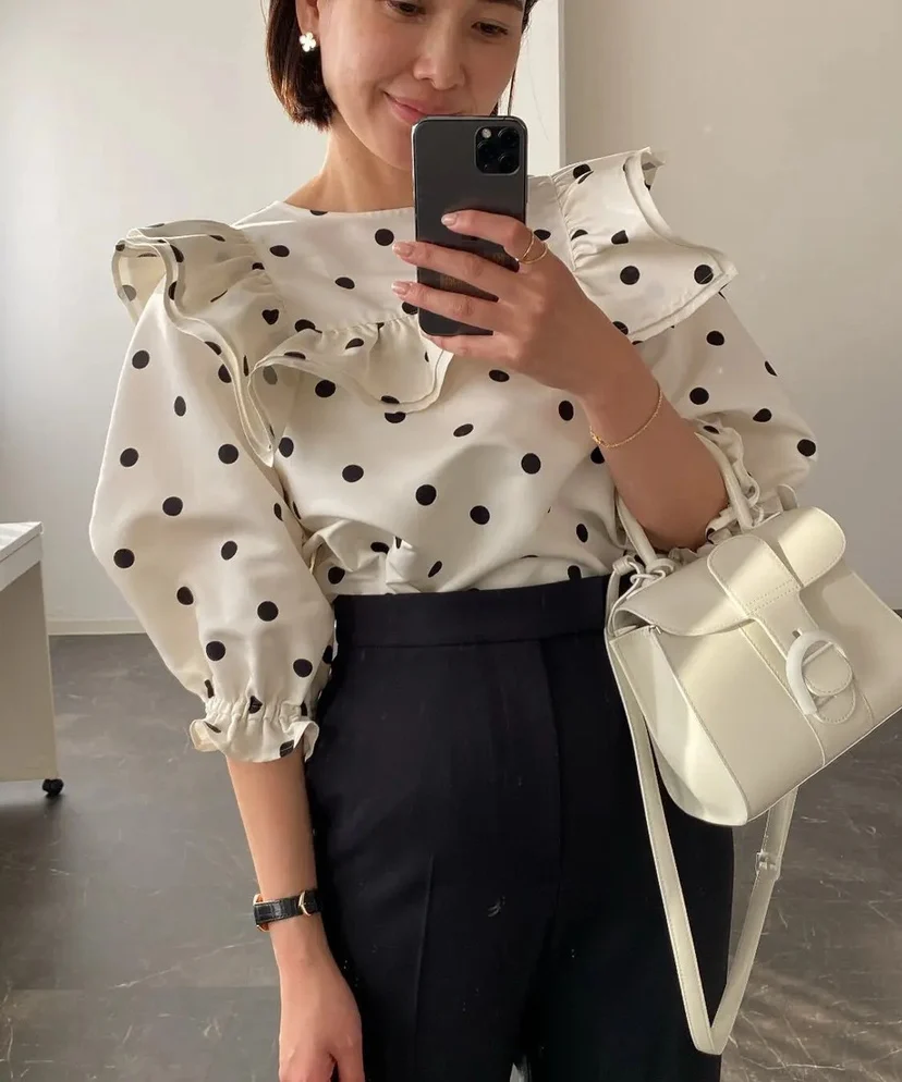 

Summer Fashion Japanese Rufflled Collar Puff Sleeve Sweet Blouse Women Loose Elegant All-Match Casual White Polka Dot Shirts