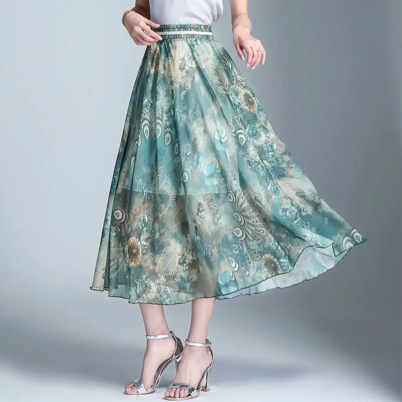 Summer New Elegant Fashion Aesthetic Sweet Gentle Young Style Prairie Chic Casual Elastic Band Printed Floral Long Skirt Women