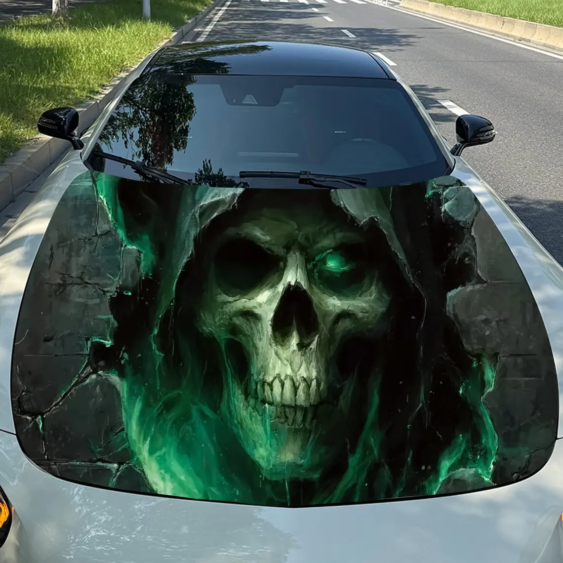 

Green Hoodie Skull Design Car Hood Film, Colorful Waterproof Vinyl Truck Decorative Stickers, Engine Compartment Patterns and Ca