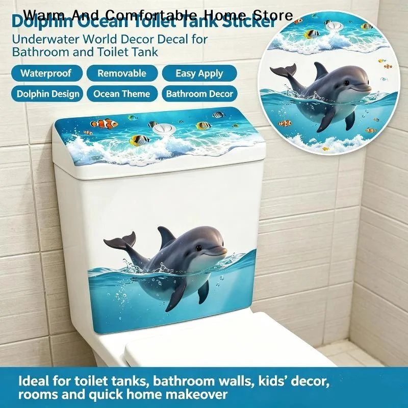 【W】Cute Dolphin Toilet Tank Sticker Ocean Wave Vinyl Decal For Bathroom Decor Adhesive Home Decoration Accessories