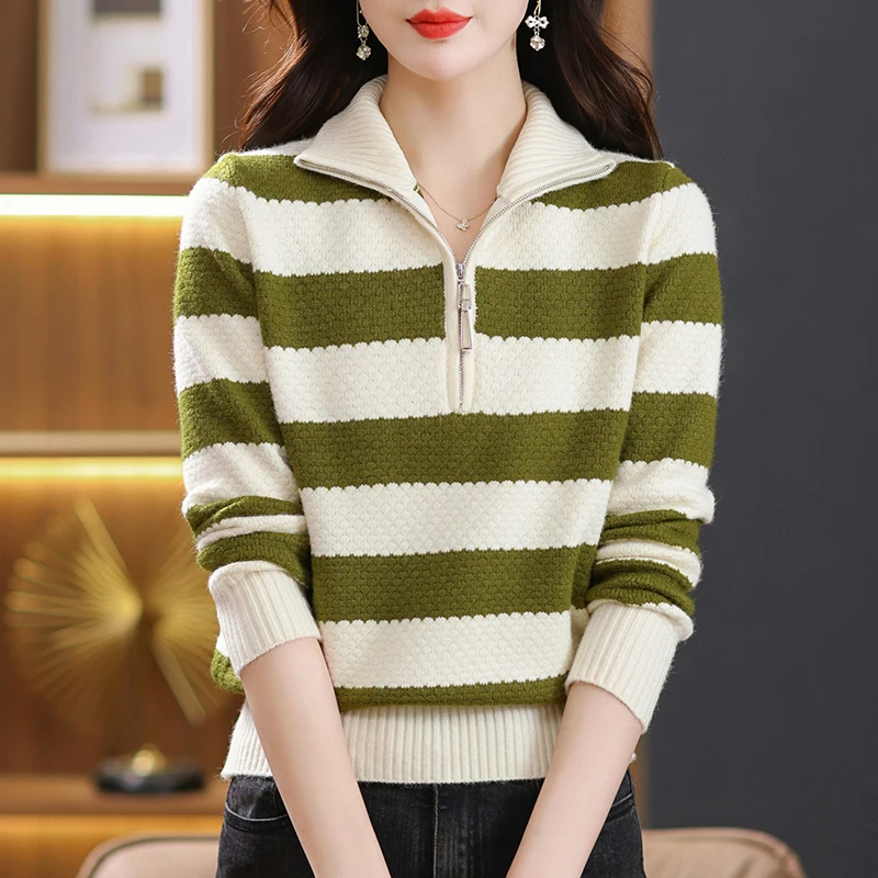 

Свитер в полоску, женский весенне-осенний модный водолазка, пуловер на молнии, женская одежда, топ с длинными рукавами, свитера в стиле Харадзюку