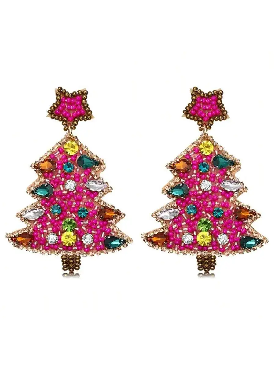 

Christmas Tree Dangling Earrings For Women Beaded Sparkly Holiday Jewelry Red