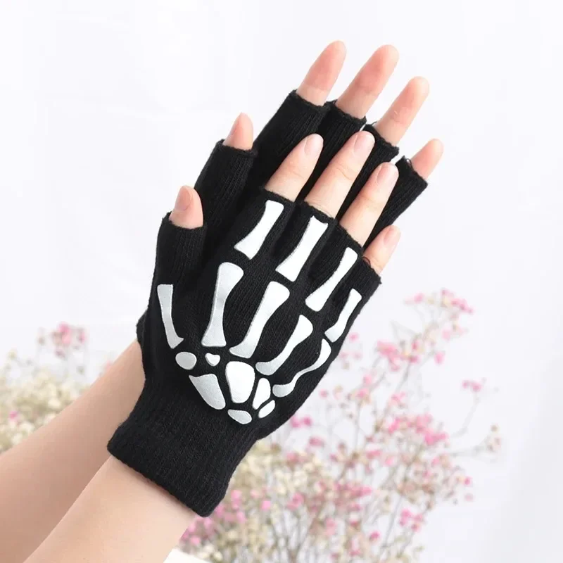 Unisex Adult Halloween Skeleton Skull Half Finger Gloves Glow in the Dark Fingerless Stretch Knitted Winter Mittens