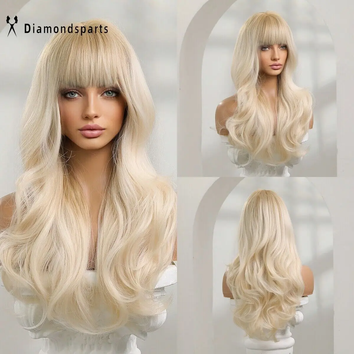 Women Fanshion Wig Long Wavy Platinum Blonde Hair Wigs with Bangs Daily Use US