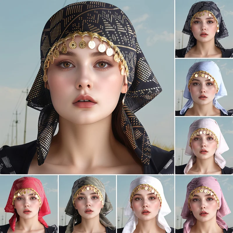 Traditional Muslim Headscarf Women's Polyester Triangle Turban Hat with Golden Beaded Chain Golden Beaded Accessory