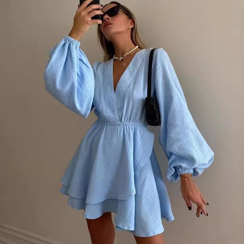 TARUXY Elegant Chiffon V-neck Ruffle Dress For Women High Waist Irregular Solid Color Short Dress Long Sleeve Party Female Dress