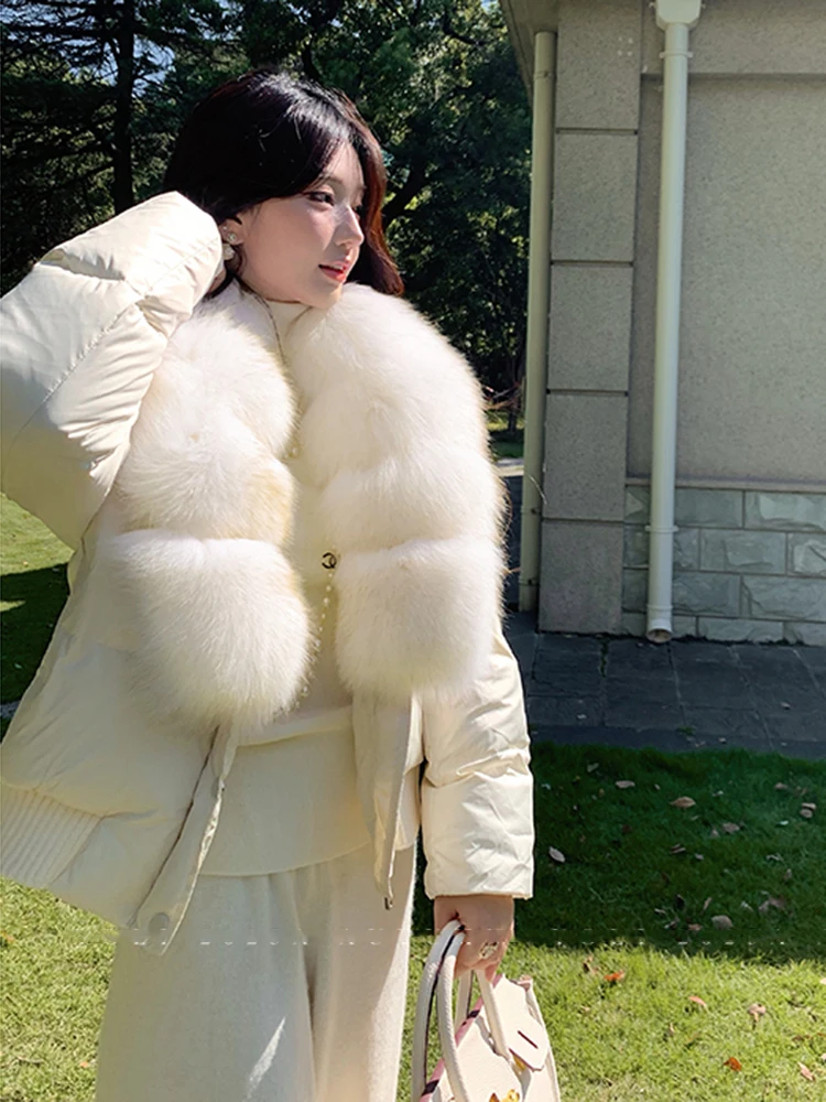 

Зимняя короткая верхняя одежда на белом утином пуху, женская натуральная куртка-пуховик с большим меховым воротником, женская теплая однобортная утепленная куртка
