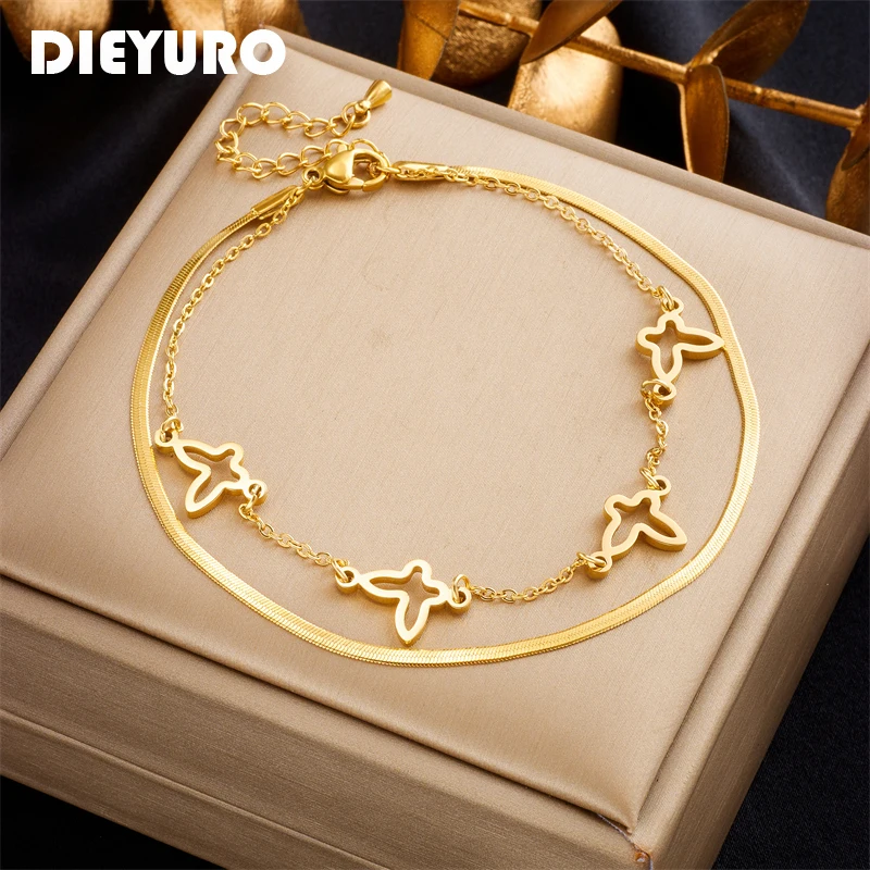 

DIEYURO 316L Stainless Steel 2-Layer Butterfly Charm Anklets For Women Girl New Trend Leg Chain Waterproof Jewelry Birthday Gift