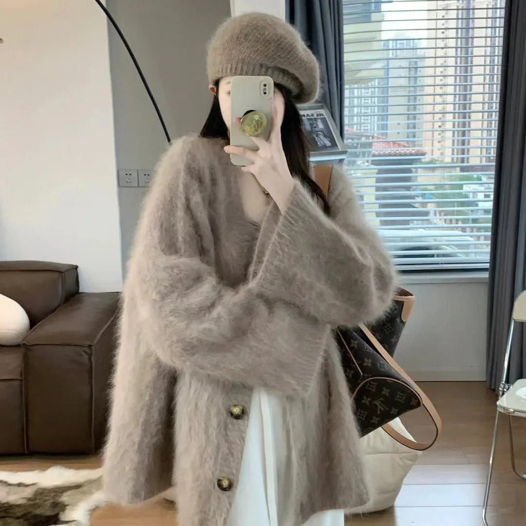 V-Neck Mink Fur Sweater Jacket For Women In Autumn Winter, Thick Outer Layer, Loose And Gentle, Lazy Style Knitted Cardigan