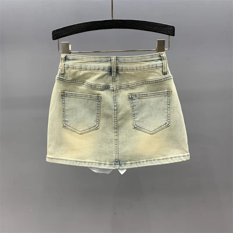 [ZOCI] Nostalgic Light Blue High Waisted Tight Fitting Bag Buttocks Rhinestone Denim Short Skirt Summer Wear New Styles