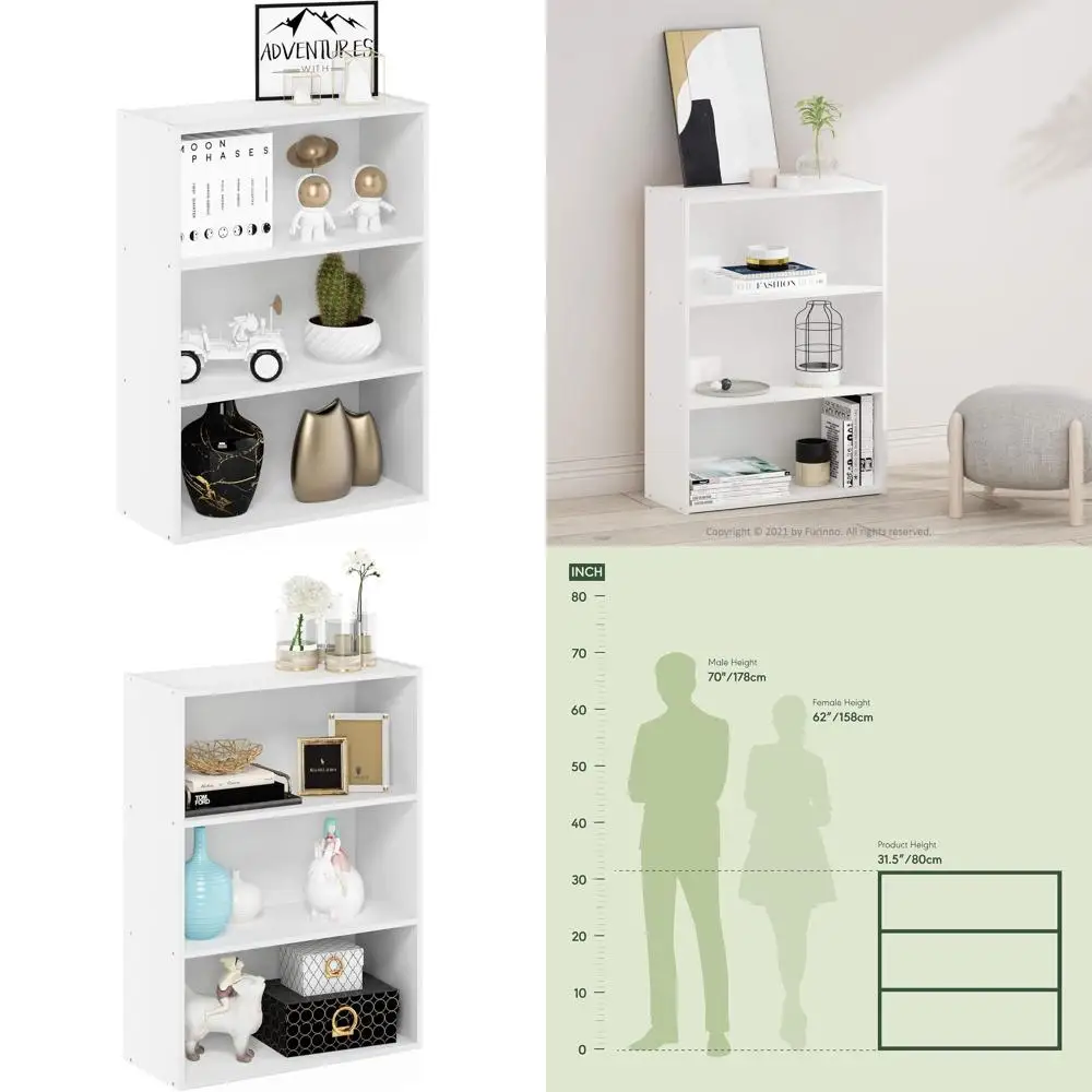 

3-Tier Plain White Bookshelf, 9.7x23.7x31.5, Storage Shelves for Living Room, Bedroom, Home Office