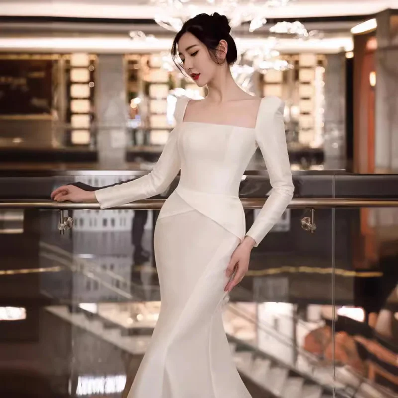 Белое свадебное платье с длинными рукавами, атласное минималистское платье для невесты, свадебного приема, вечернее платье для банкета, ежегодного собрания