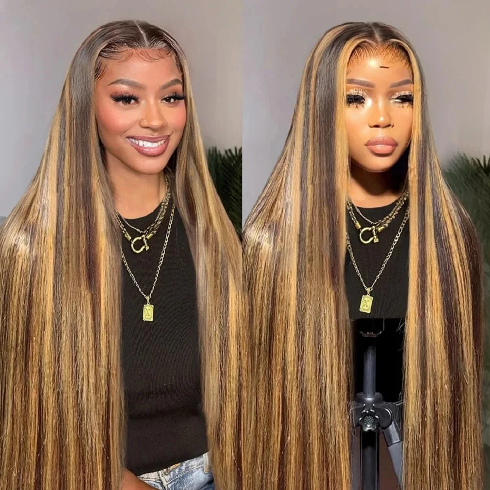 

4/27 Straight Honey Blonde Highlight Color 13x6 HD Lace Frontal Wig Remy Hair 100% Human Hair Pre Plucked 200% Density For Women