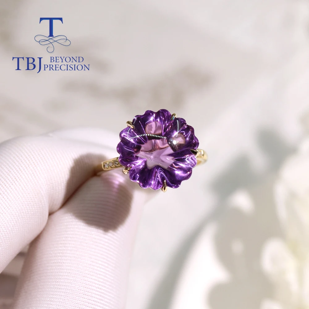 

New 14K yellow gold diamond ring natural brazil flower shape cutting amethyst gemstone fine jewelry for women nice gift