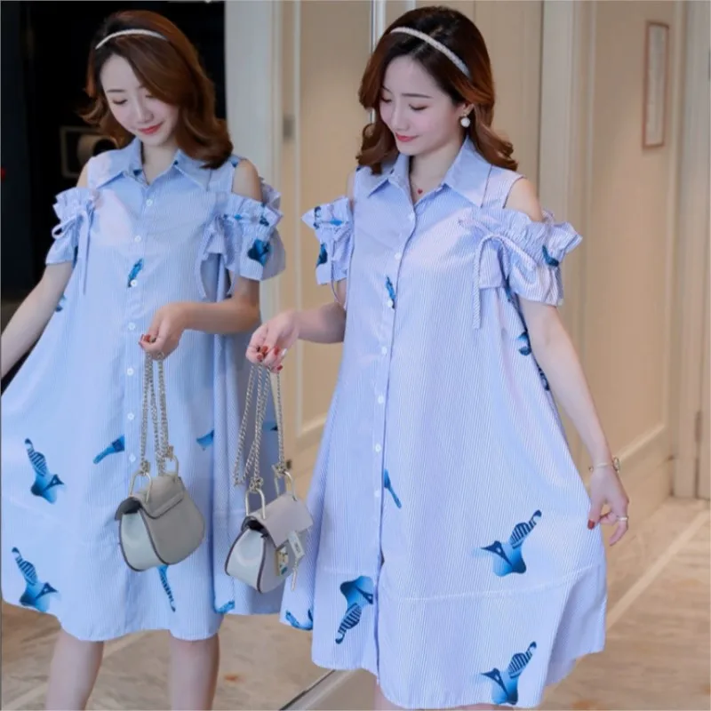 2026-pregnant-women-summer-dress-short-sleeve-dress-korean-edition-medium-long-large-loose-off-shoulder-maternity-dress-zi967