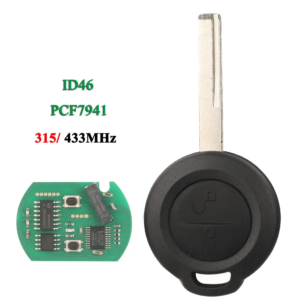 Jingyuqin 315/433 MHz ID46 PCF7941 2 Tasten Fernbedienung Autoschlüssel für Mitsubishi Colt 2002–2012 Cabriolet 2006–2008 Smart HU56 Blade