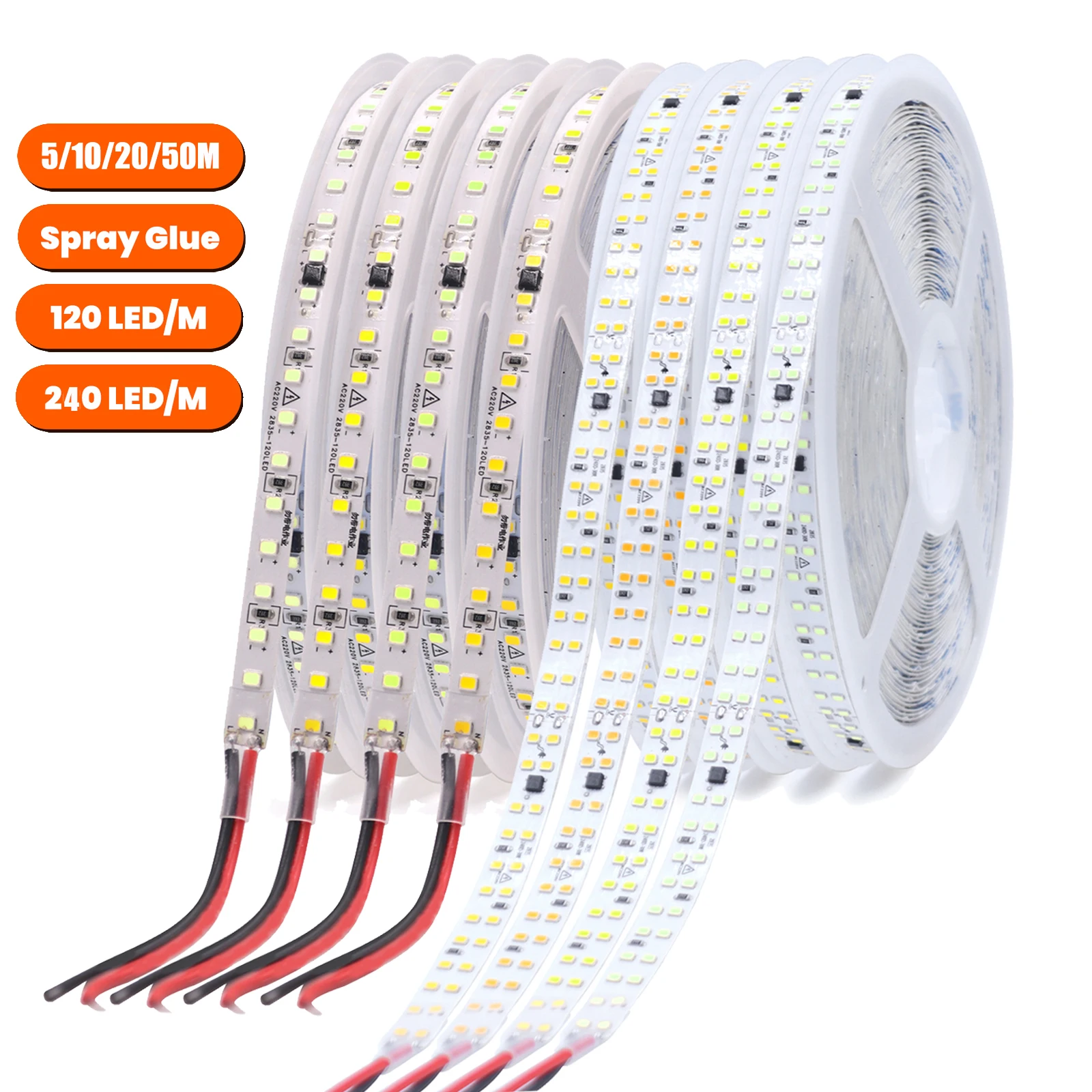 220V Dwurzędowa taśma LED 240LEDs 2835 120LEDs Jednorzędowa elastyczna taśma LED Taśma samoprzylepna Światło linowe do dekoracji wnętrz