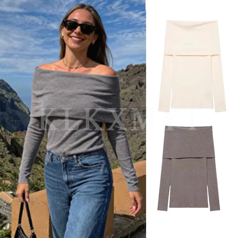 

Женский пуловер 2022, осень-зима, новая мода, однотонный трикотаж с длинными рукавами и открытыми плечами, женский элегантный уличный топ