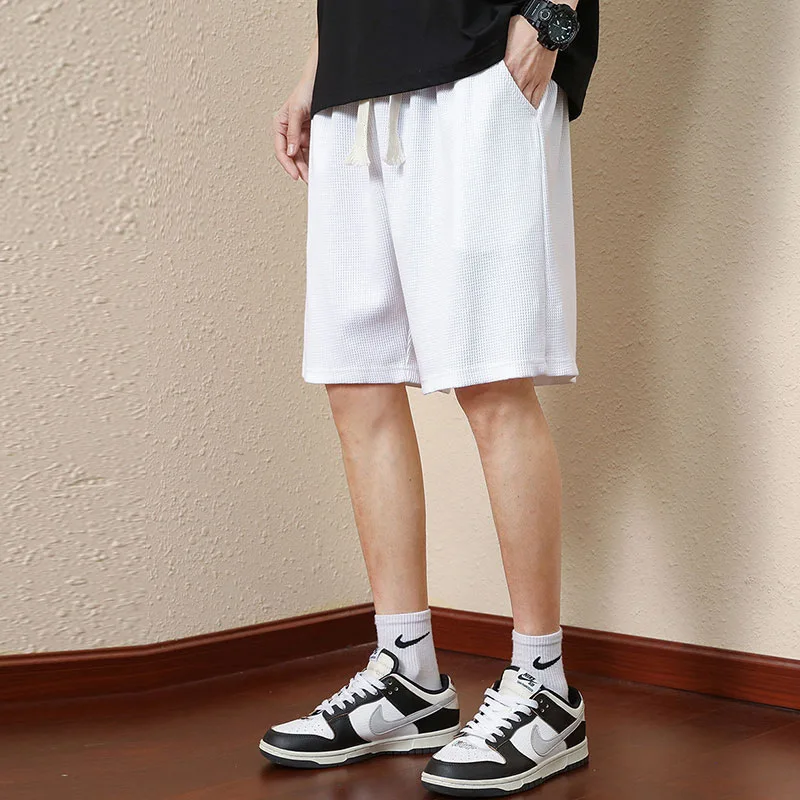 Men Shorts Solid Color Mid Waist Summer Shorts Waffle Texture Deep Crotch Drawstring Male Shorts Loose Knee Length Casual Short image 4