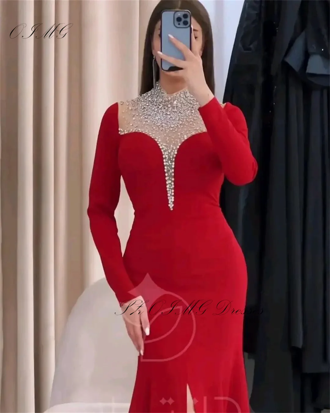 OIMG Exquisite High Neck Crystals Prom Dresses Saudi Arabic Women Satin Red Slit  Gowns Occasion Formal Party Dress Customized