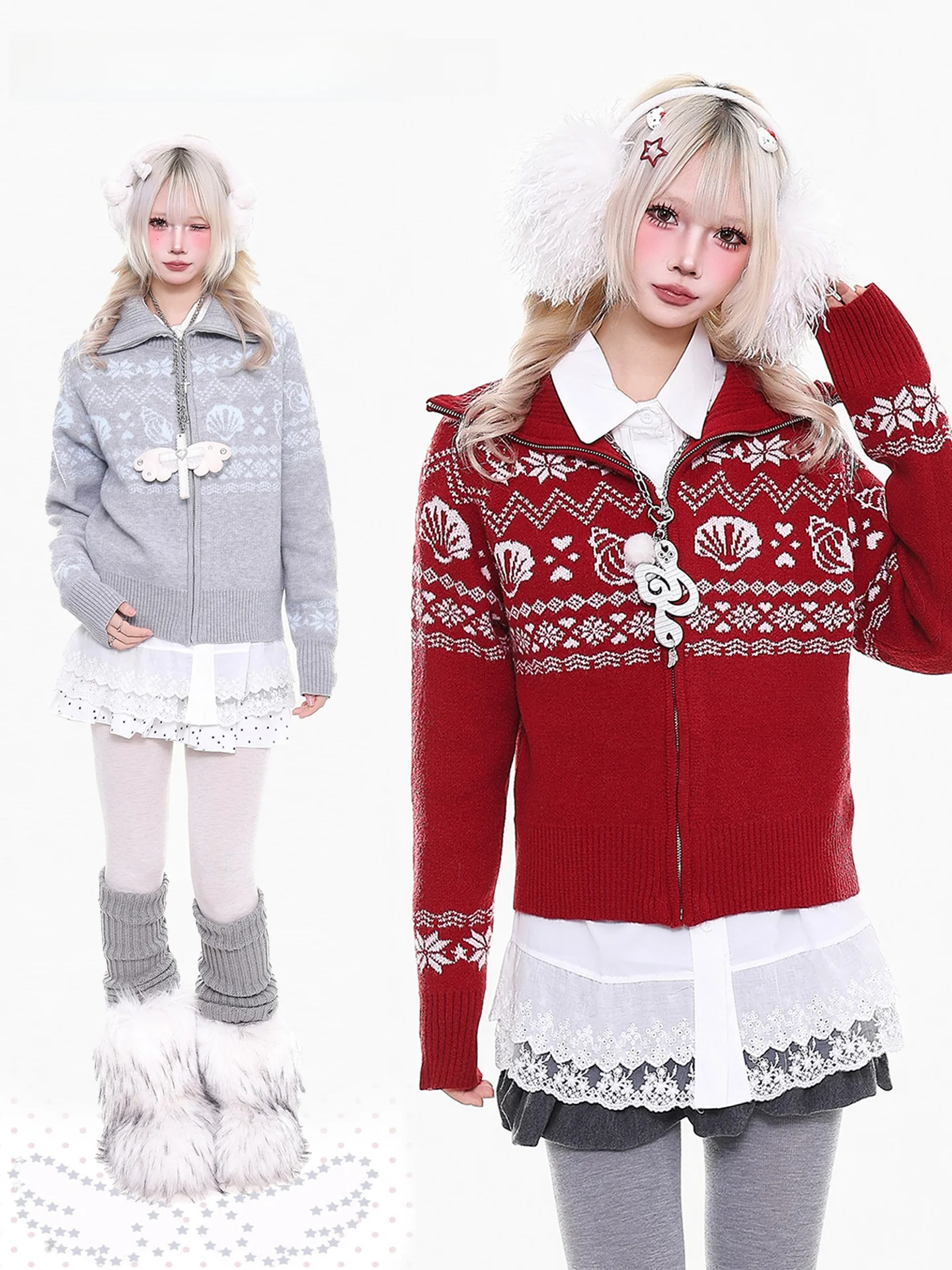 

Красный вязаный свитер на молнии, женский, повседневный, винтажный, с оранжевым узором Fair Isle, для зимы и осени, новогодняя мода