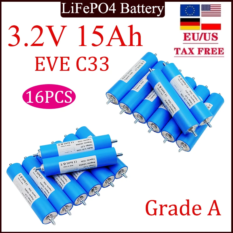 16PCS New A-Class 3.2V 15Ah Lithium Phosphate Battery for 15000mAh High Capacity C33 4S 12V Power Tools spare LiFePO4 Battery