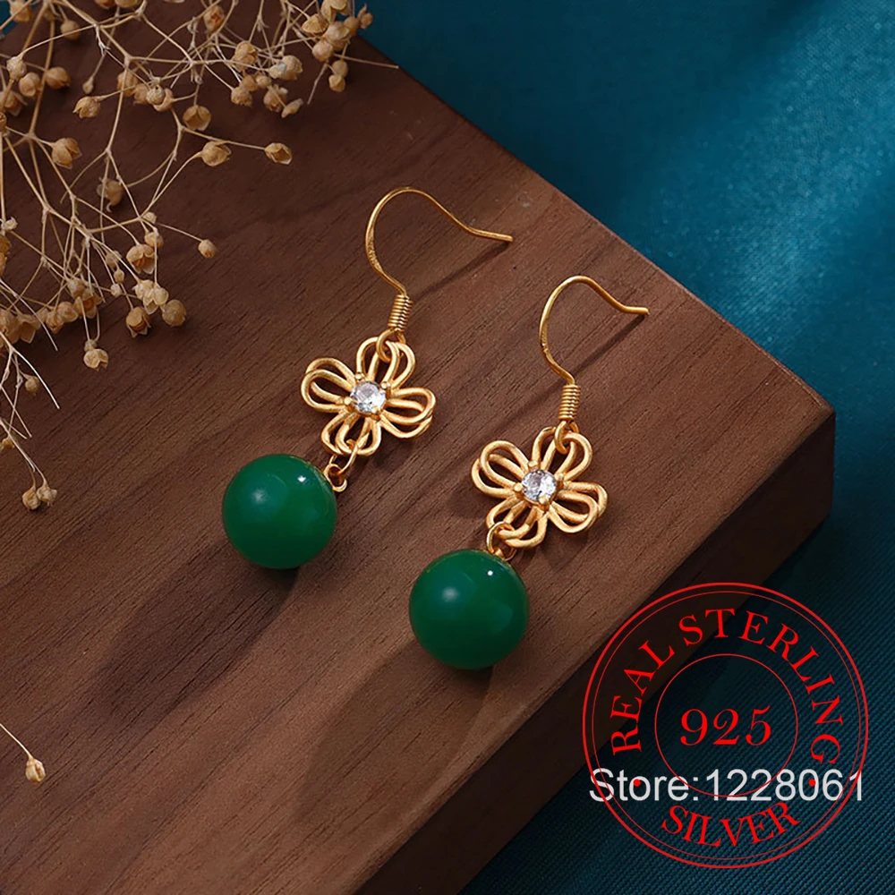 925-スターリングシルバージュエリー-18k-ゴールドメッキ植物花天然翡翠ドロップイヤリング女性のためのウェディングパーティージュエリーギフト