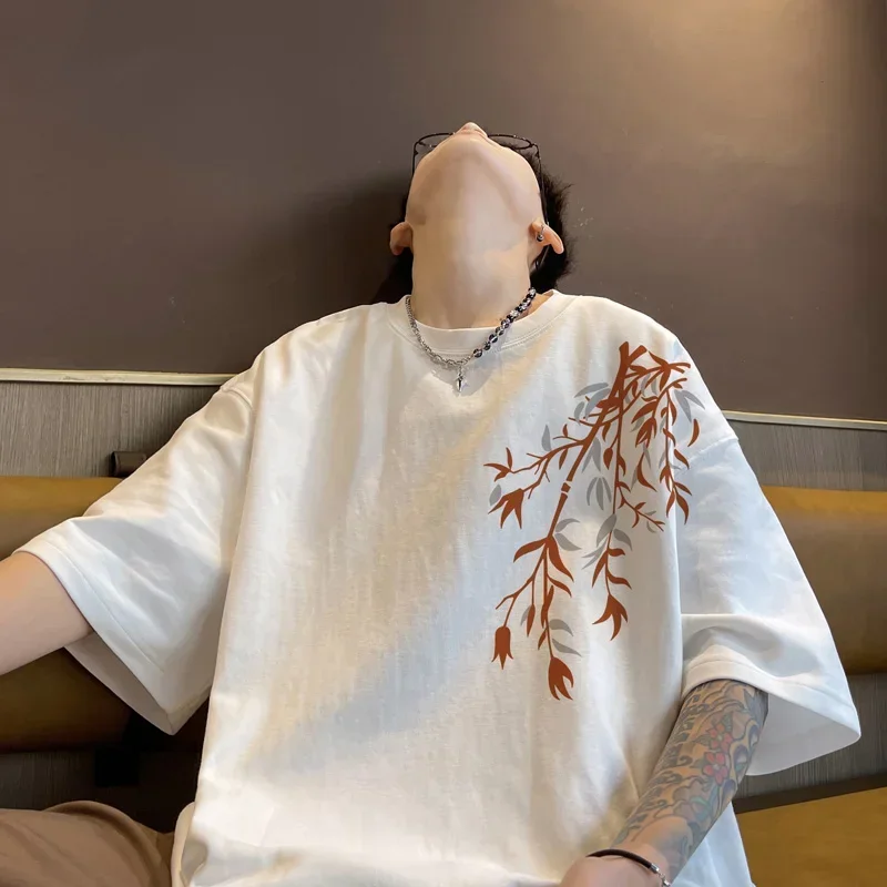 T-shirty męskie Oversize T-shirt męski bawełniany Biały 5XL Casual Summer Wear Moda Bamboo Print Tee Shirts for Men Clothing