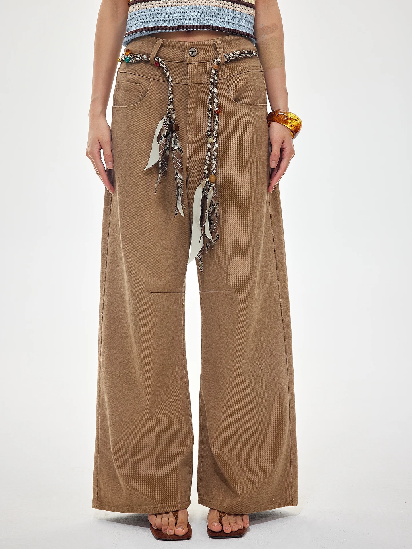 

OoofYang High Waist Wide Leg Jeans Belted Coffee Color Early Autumn New Vintage Loose Fit Slimming Pants Casual Sle