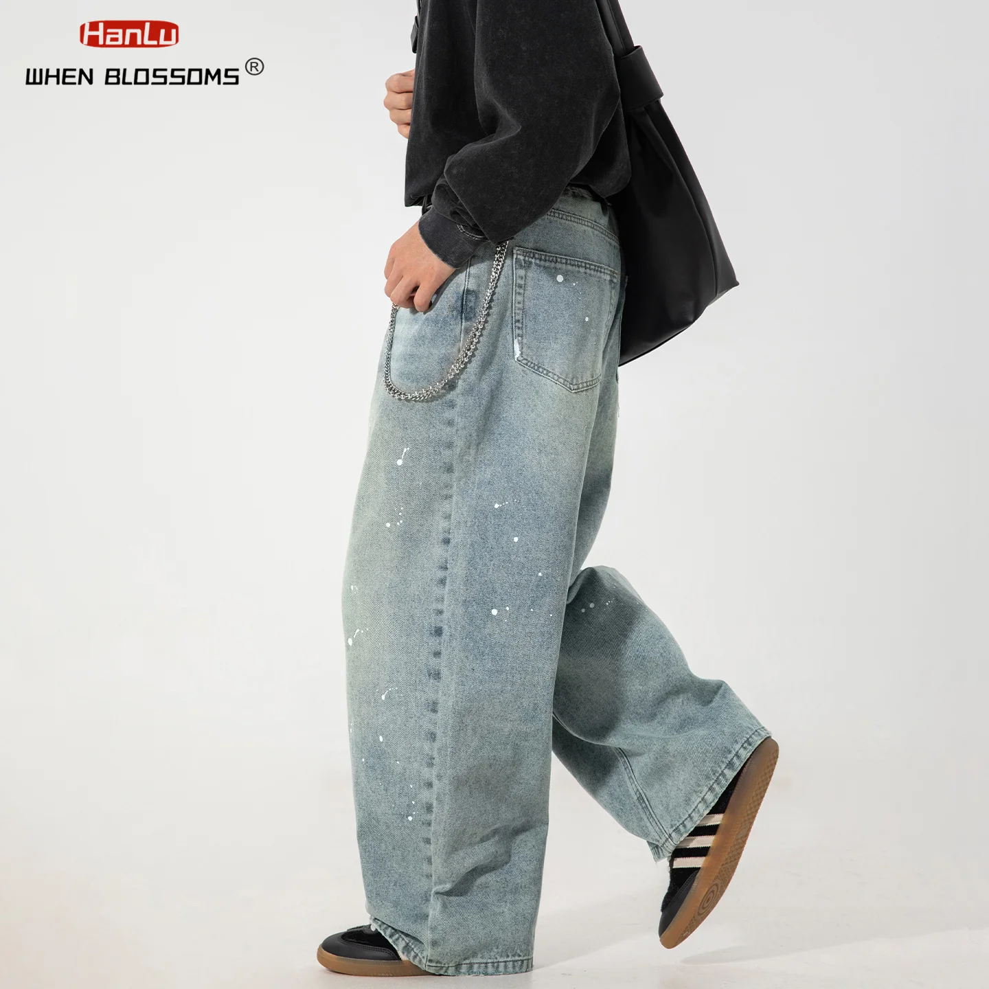 2025 masculino vintage lavado splatter jeans japonês relaxado ajuste perna reta angustiado denim calças de rua de grandes dimensões