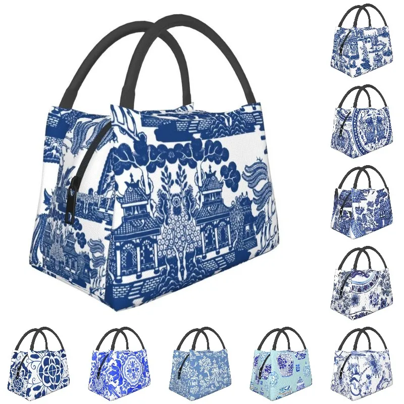 Blue Willow Chinoiserie Blue And White Porcelain Inspiration Insulated Lunch Bags Work Office Resuable Cooler Thermal Bento Box